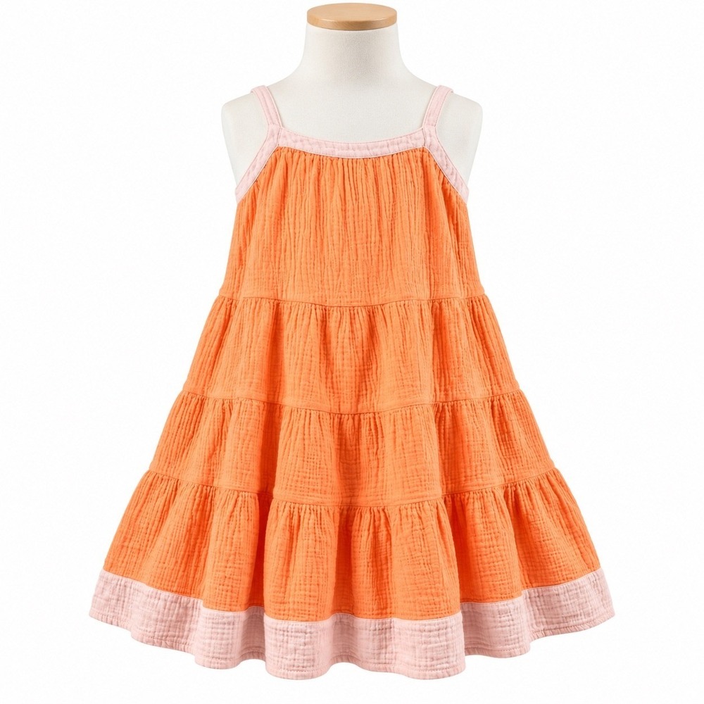 Zara Girls 8 Orange Pink Cotton Gauze Tiered Sundress Boho Cottagecore
